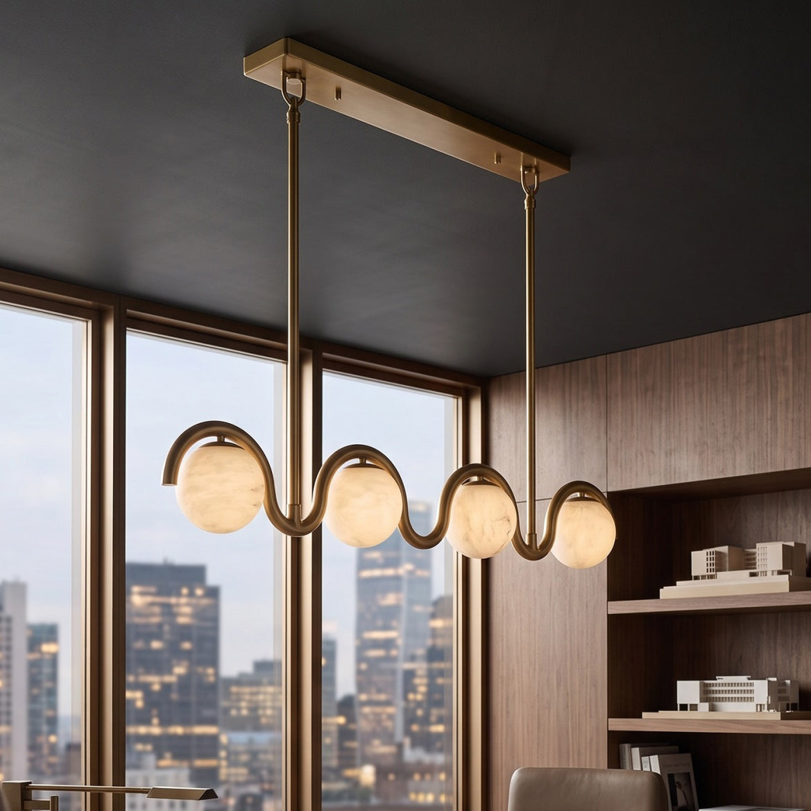 Wave-Arm Linear Alabaster Globe Chandelier, product view 6