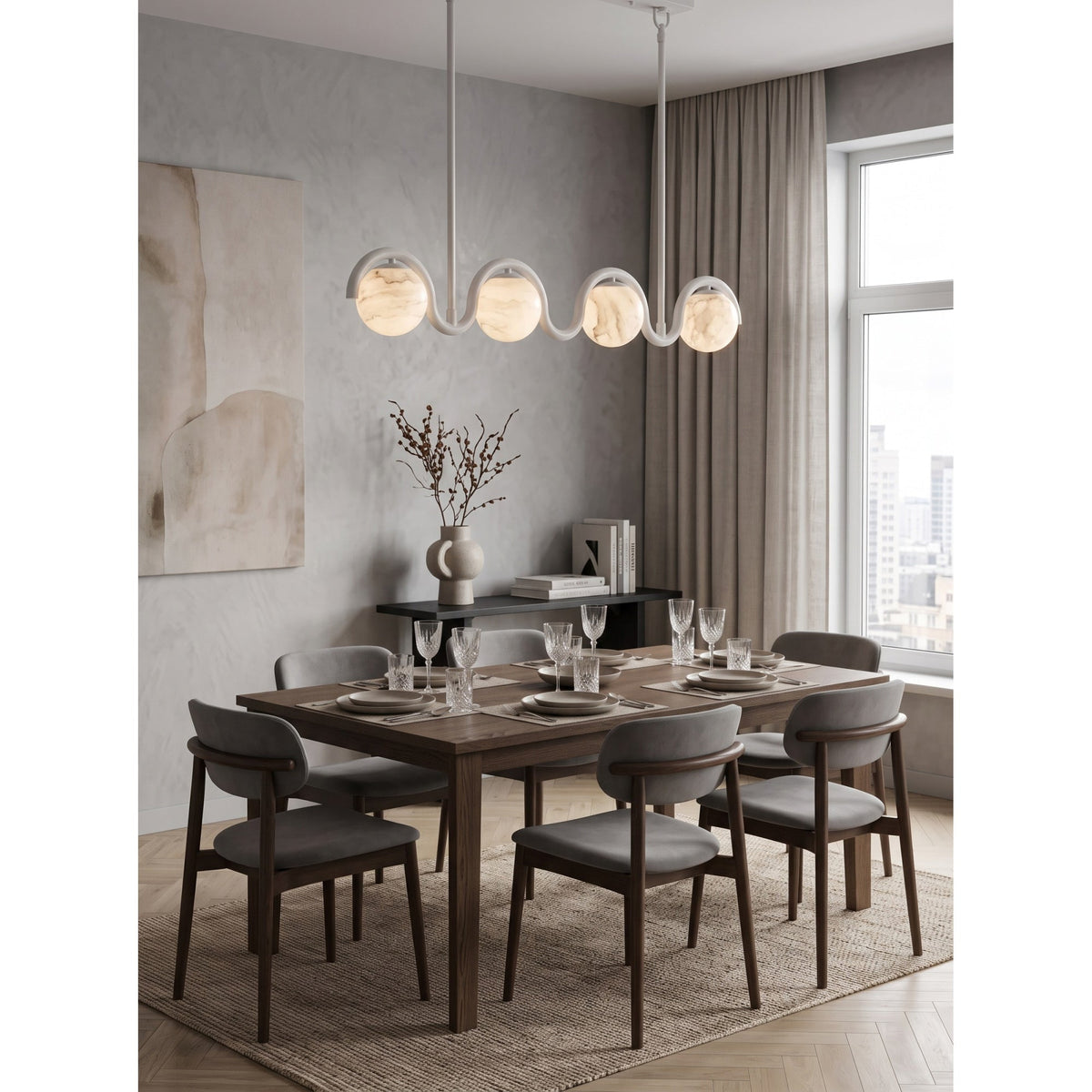 Wave-Arm Linear Alabaster Globe Chandelier, product view 15