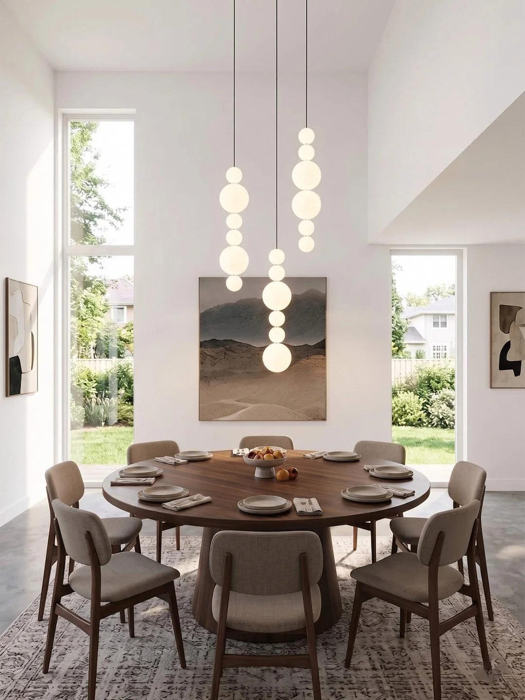 White Multi Globe Pendant Light for Staircase and High Ceiling in a bright dining area with vertical globe strands