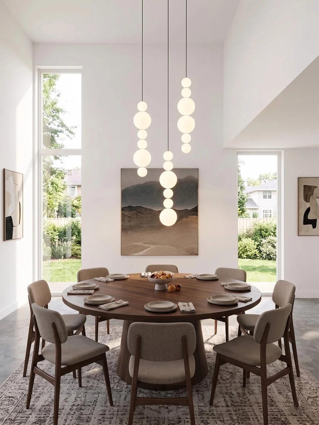 White Multi Globe Pendant Light for Staircase and High Ceiling in a bright dining area with vertical globe strands