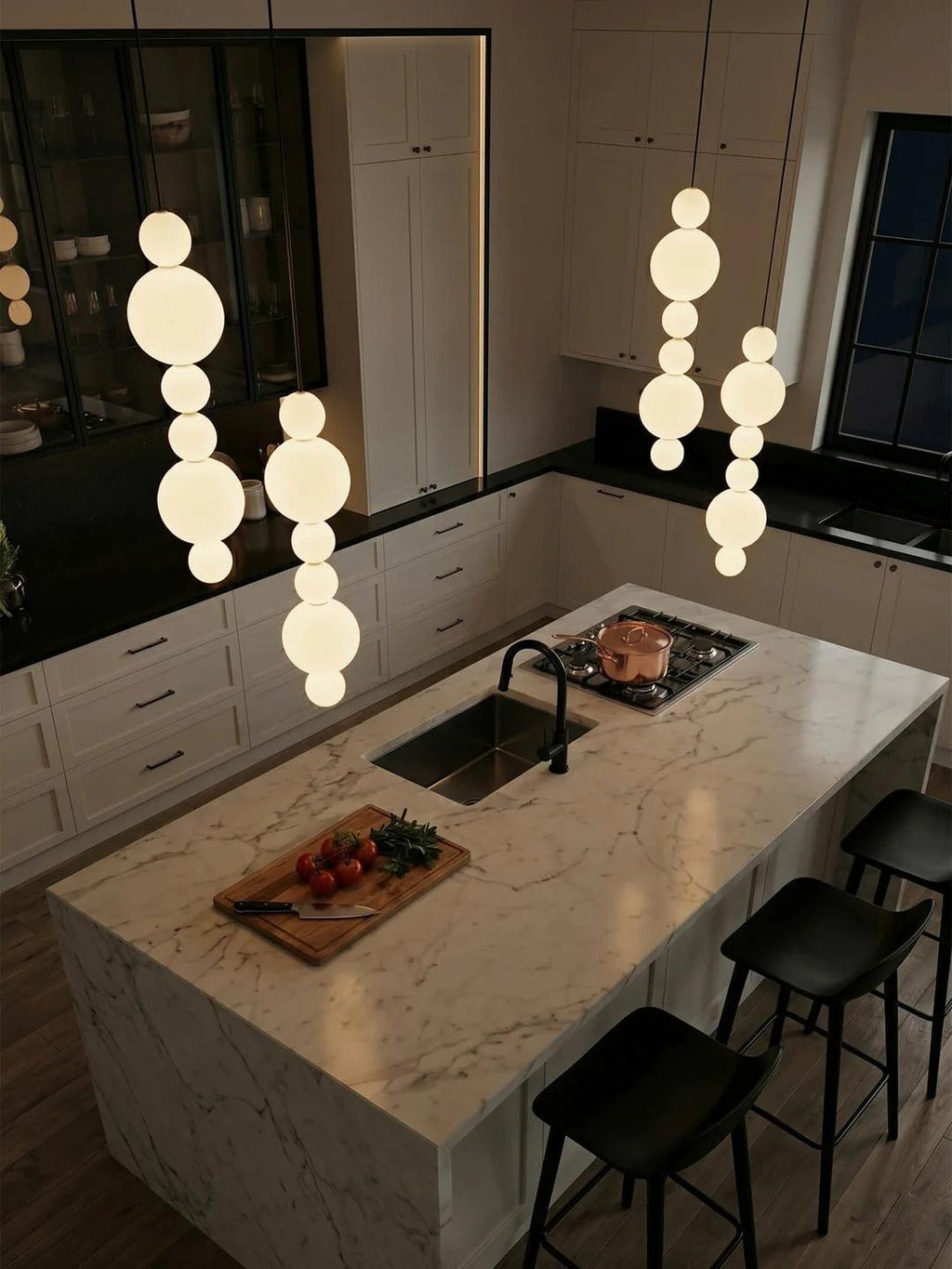 White Multi Globe Pendant Light for Staircase and High Ceiling in a minimalist kitchen island setting